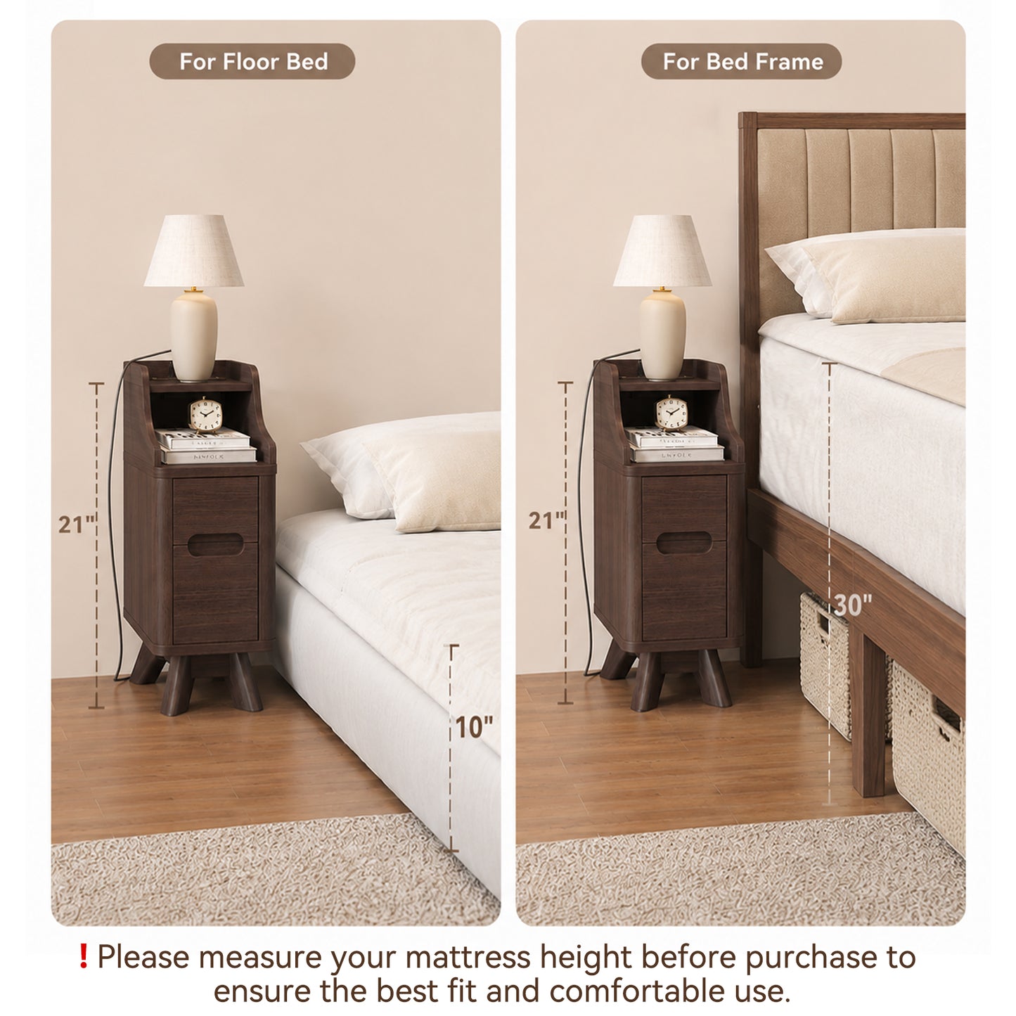 Wooden Small 2 Drawer Nightstand, Side Table with Charger Station for Bedroom Living Room