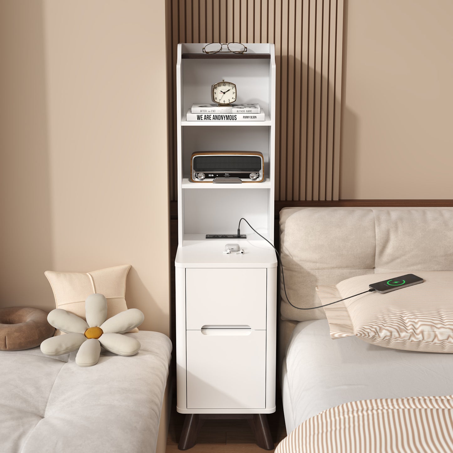 Tall Nightstand with Charging Station,Modern End Bedside Table for Bedroom