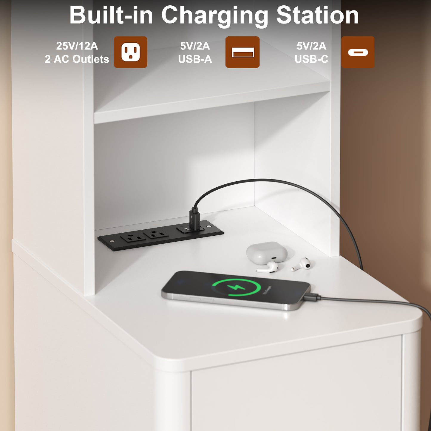 Tall Nightstand with Charging Station,Modern End Bedside Table for Bedroom