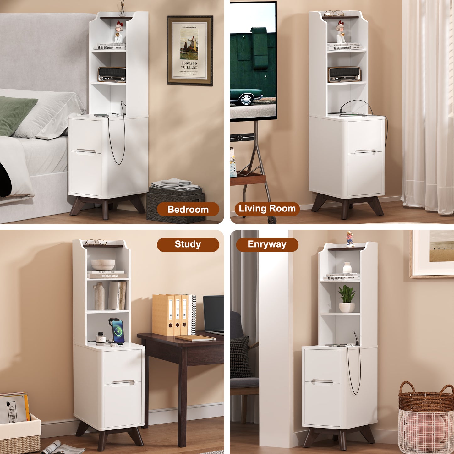 Tall Nightstand with Charging Station,Modern End Bedside Table for Bedroom