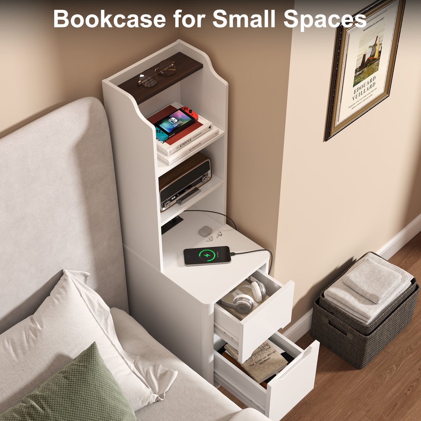 Tall Nightstand with Charging Station,Modern End Bedside Table for Bedroom