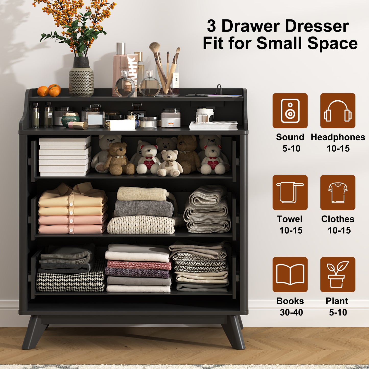 3 Drawer Chest Dressers with Charging Station for for Bedroom Living Room