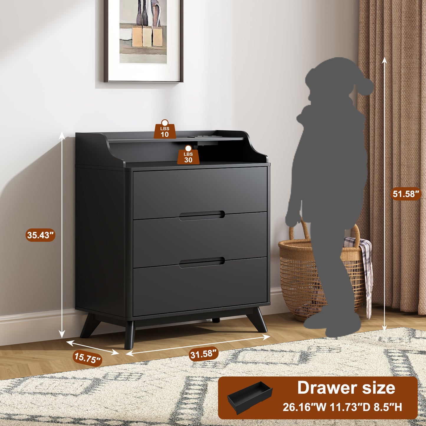 3 Drawer Chest Dressers with Charging Station for for Bedroom Living Room