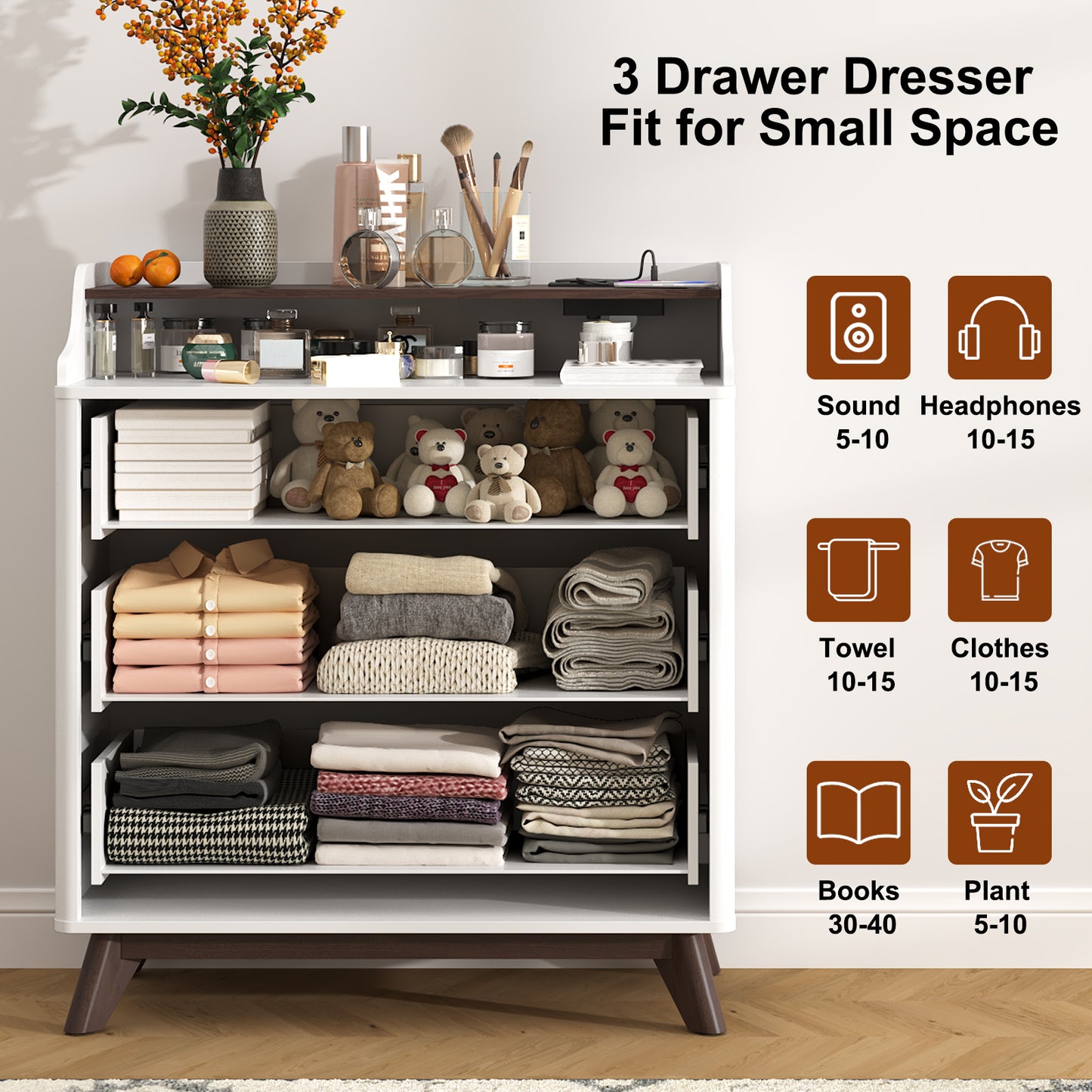 3 Drawer Chest Dressers with Charging Station for for Bedroom Living Room