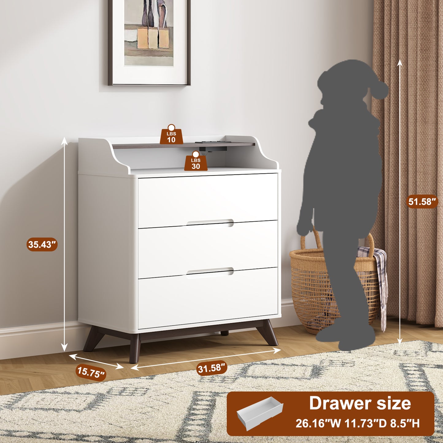 3 Drawer Chest Dressers with Charging Station for for Bedroom Living Room