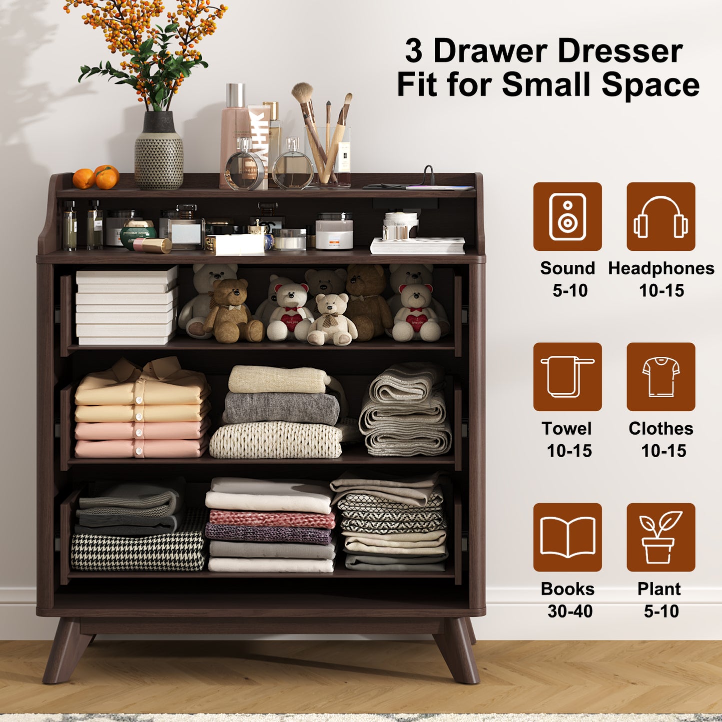 3 Drawer Chest Dressers with Charging Station for for Bedroom Living Room