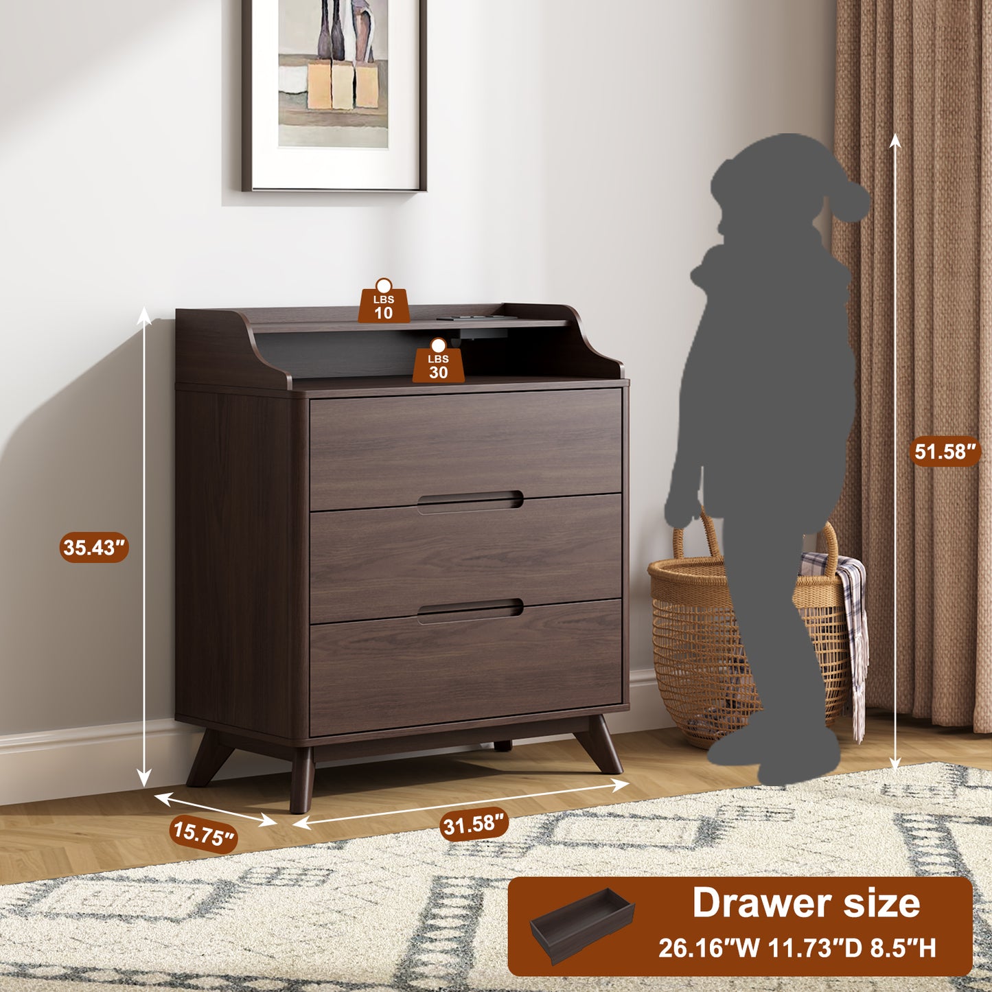 3 Drawer Chest Dressers with Charging Station for for Bedroom Living Room