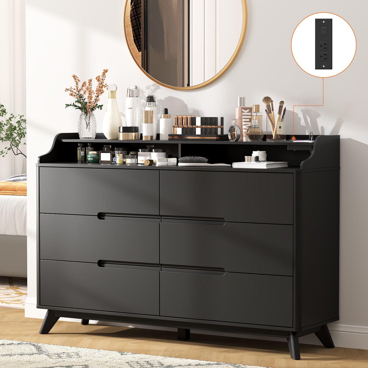 6 Drawers Large Dresser with Charging Station, Open Shelf Top for Bedroom, Living Room, Hallway