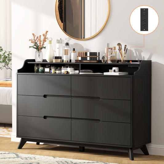 6 Drawers Large Dresser with Charging Station, Open Shelf Top for Bedroom, Living Room, Hallway