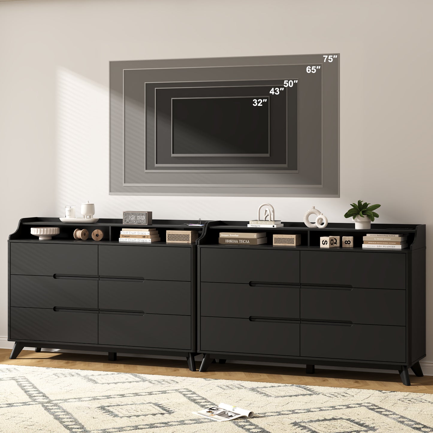 6 Drawers Large Dresser with Charging Station, Open Shelf Top for Bedroom, Living Room, Hallway