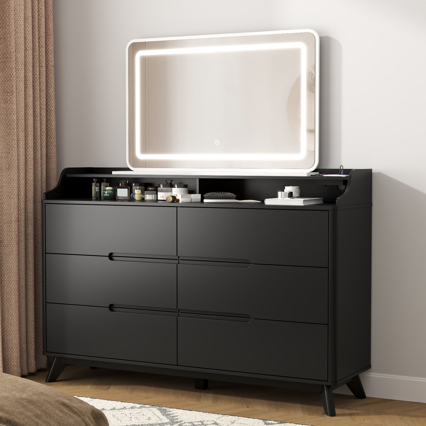 6 Drawers Large Dresser with Charging Station, Open Shelf Top for Bedroom, Living Room, Hallway