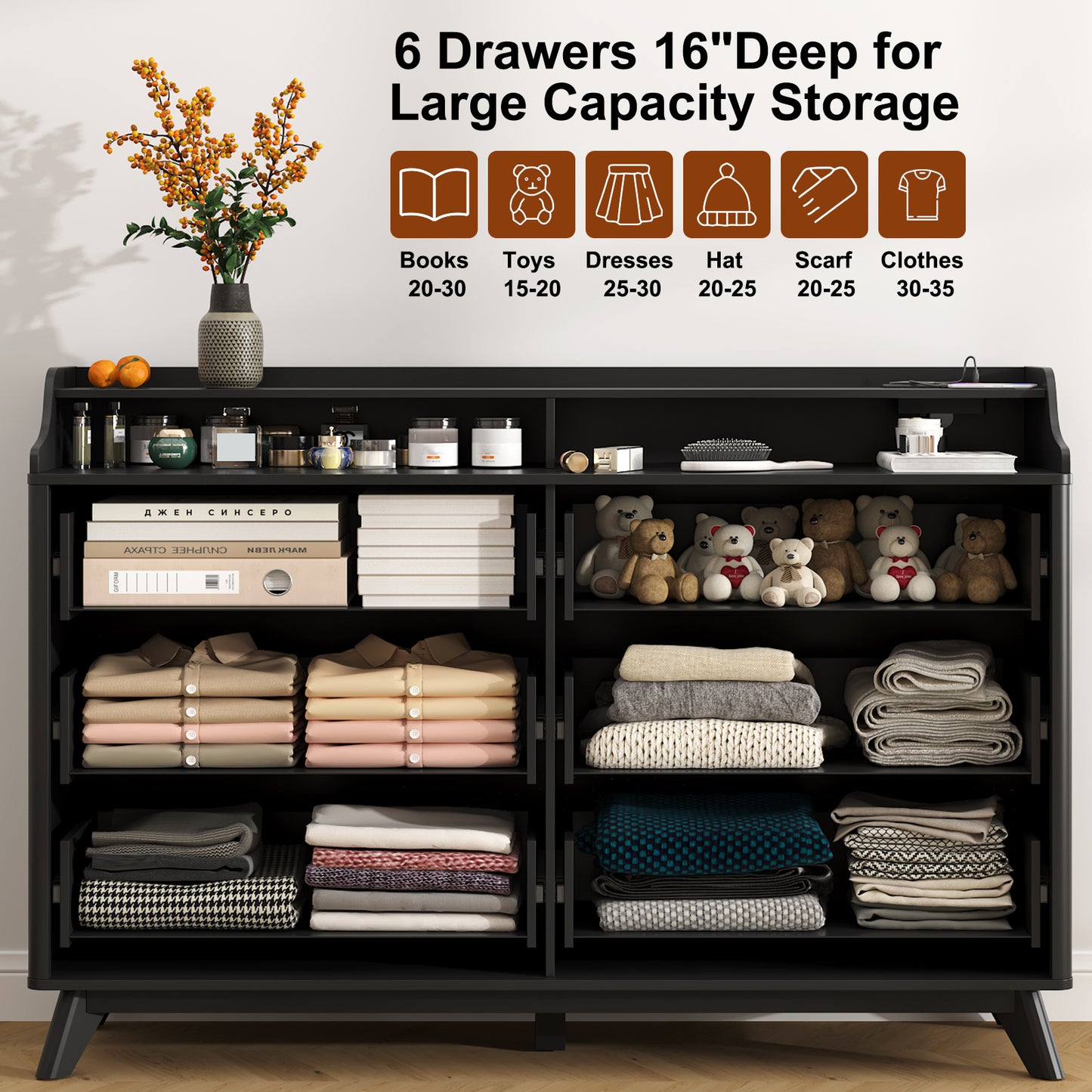 6 Drawers Large Dresser with Charging Station, Open Shelf Top for Bedroom, Living Room, Hallway