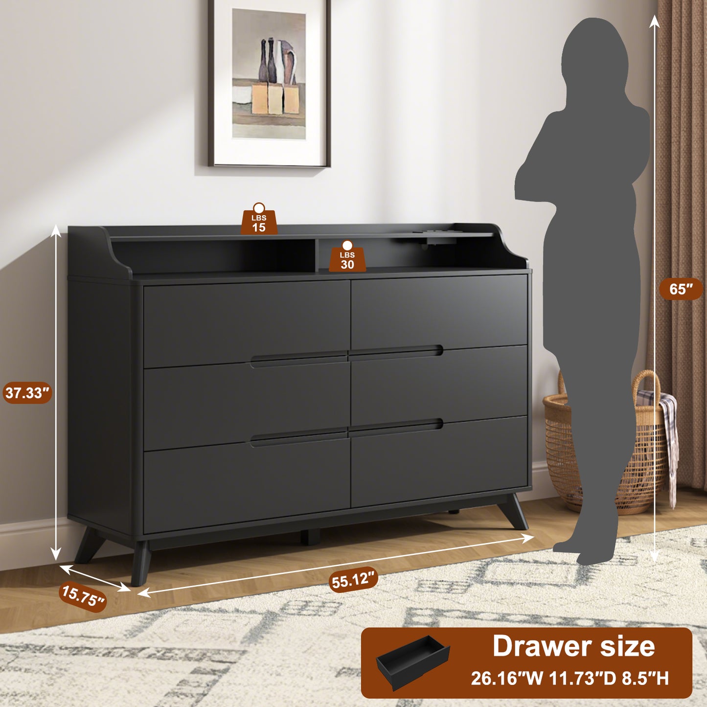 6 Drawers Large Dresser with Charging Station, Open Shelf Top for Bedroom, Living Room, Hallway