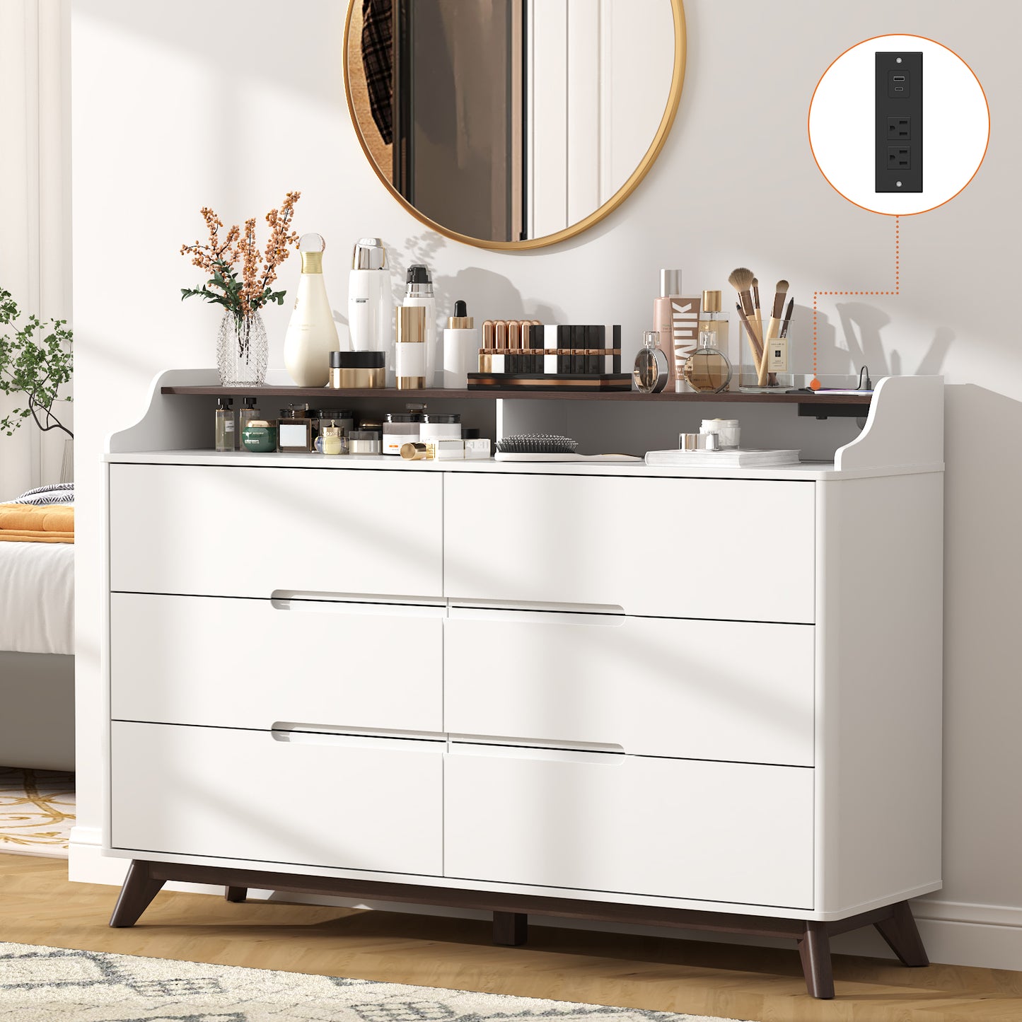6 Drawers Large Dresser with Charging Station, Open Shelf Top for Bedroom, Living Room, Hallway