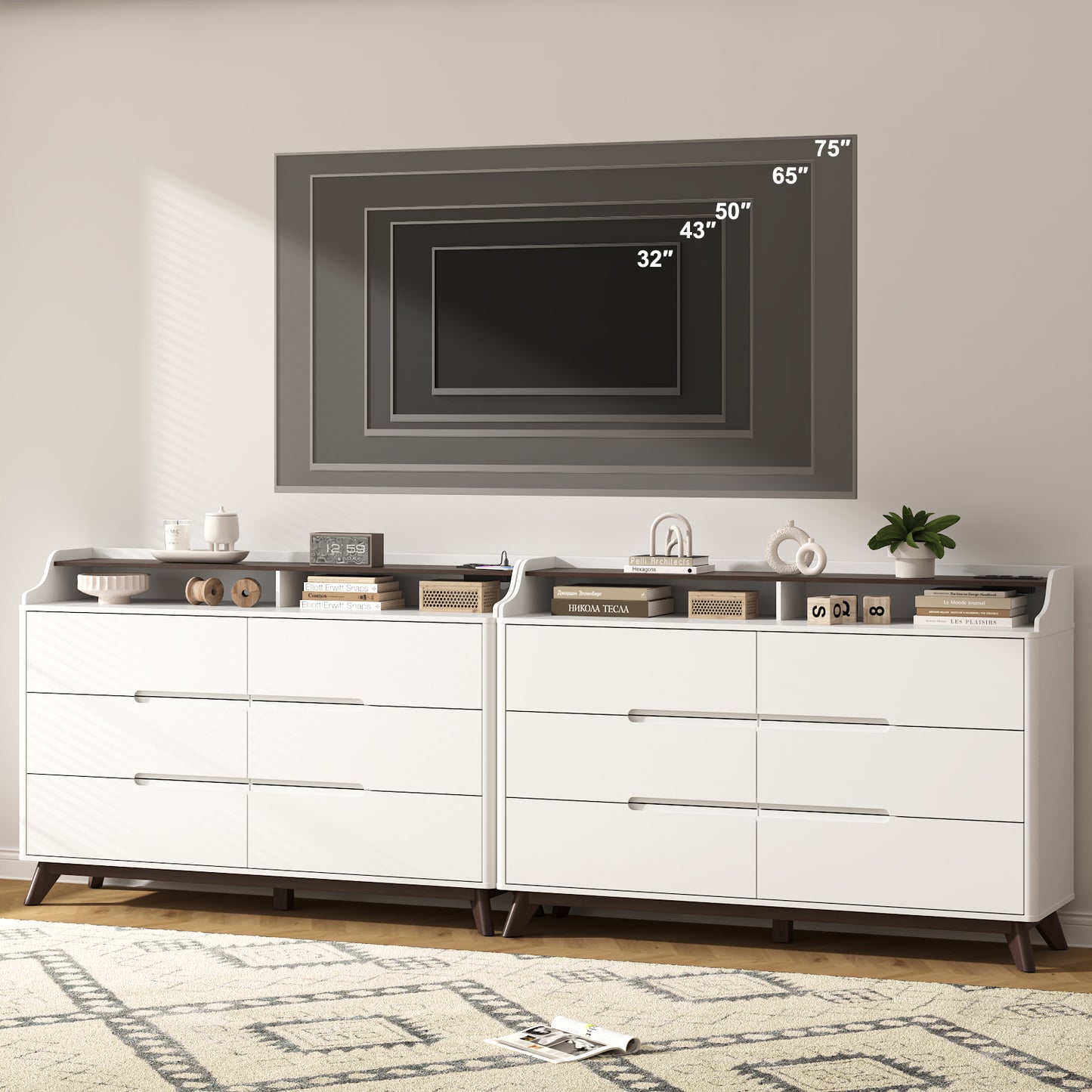 6 Drawers Large Dresser with Charging Station, Open Shelf Top for Bedroom, Living Room, Hallway