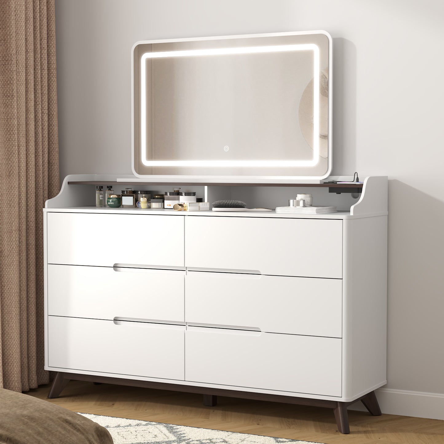 6 Drawers Large Dresser with Charging Station, Open Shelf Top for Bedroom, Living Room, Hallway