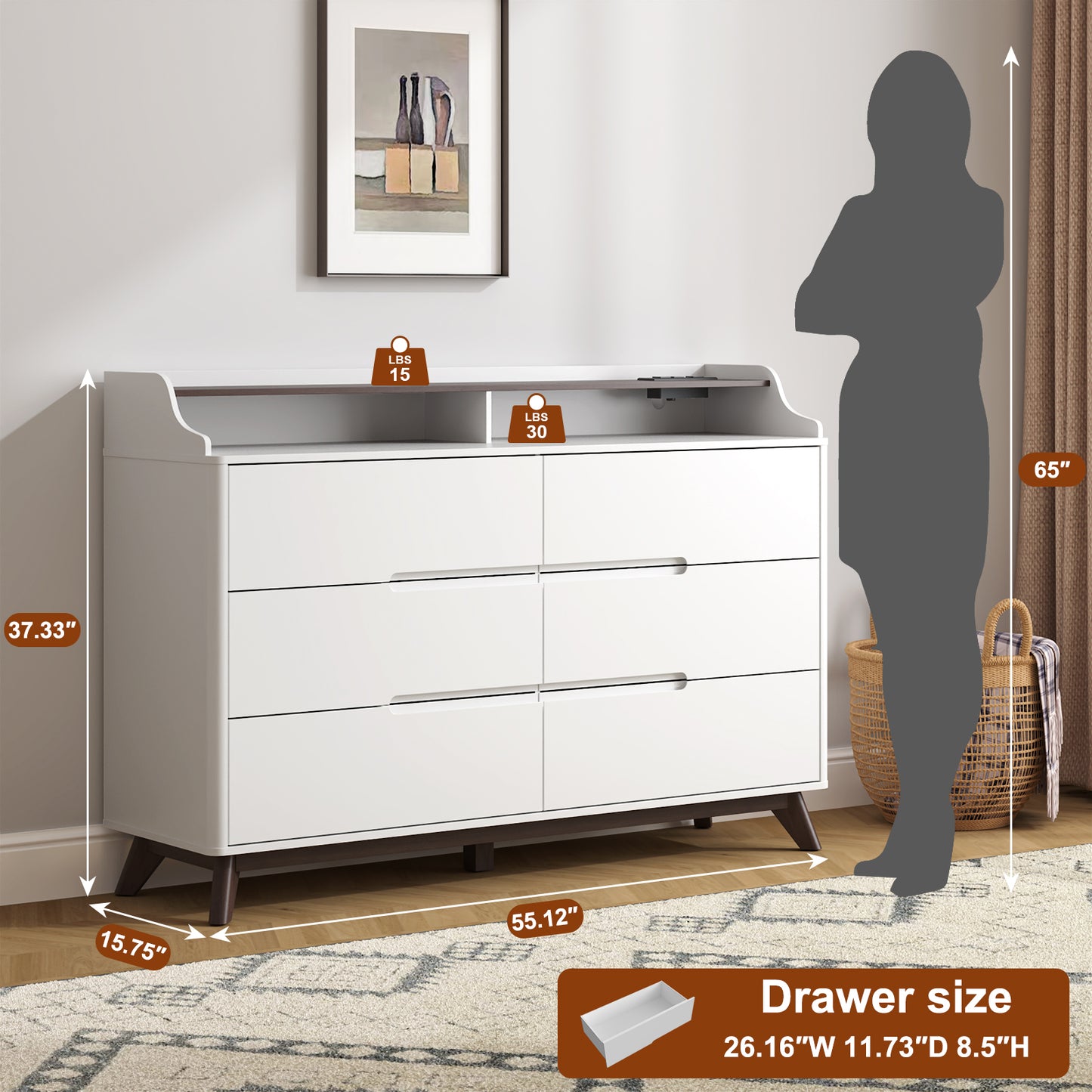 6 Drawers Large Dresser with Charging Station, Open Shelf Top for Bedroom, Living Room, Hallway