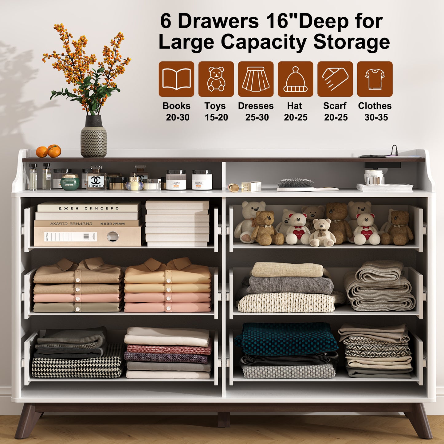 6 Drawers Large Dresser with Charging Station, Open Shelf Top for Bedroom, Living Room, Hallway