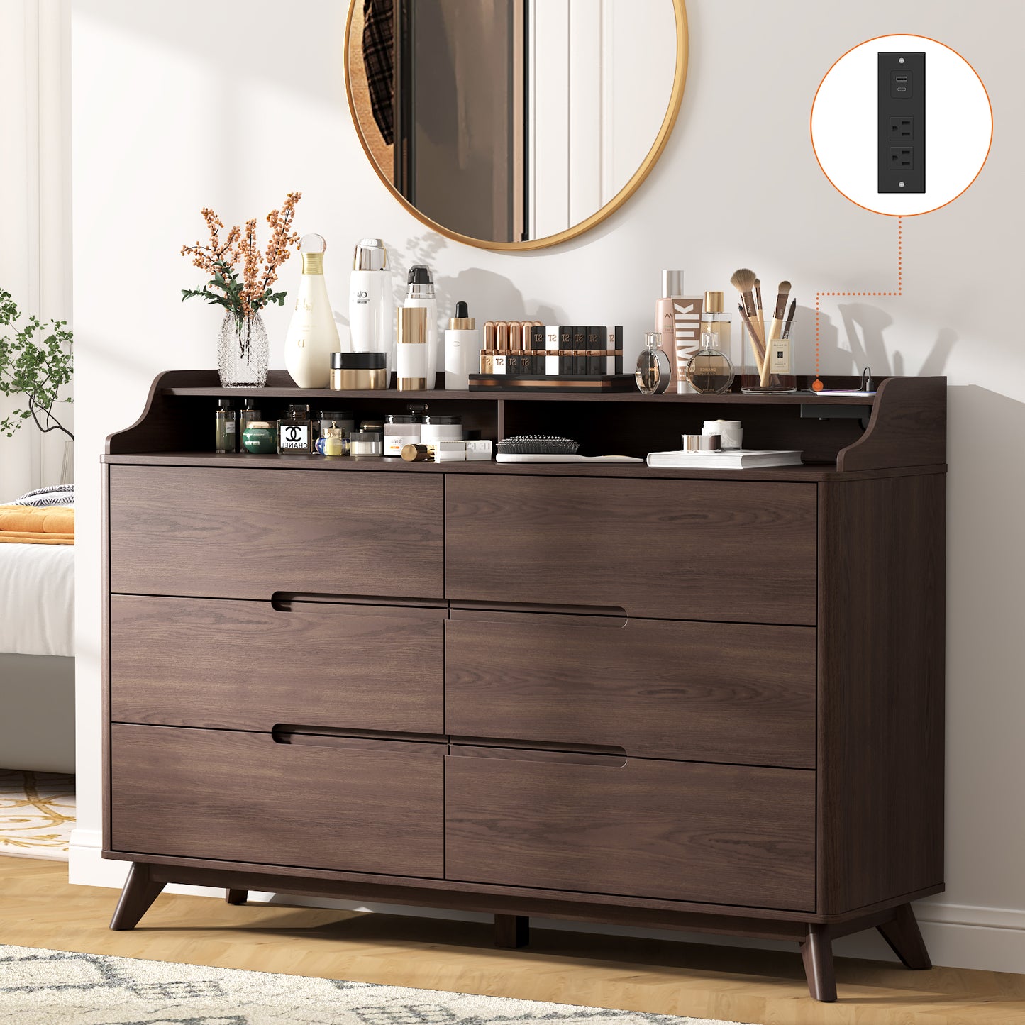 6 Drawers Large Dresser with Charging Station, Open Shelf Top for Bedroom, Living Room, Hallway