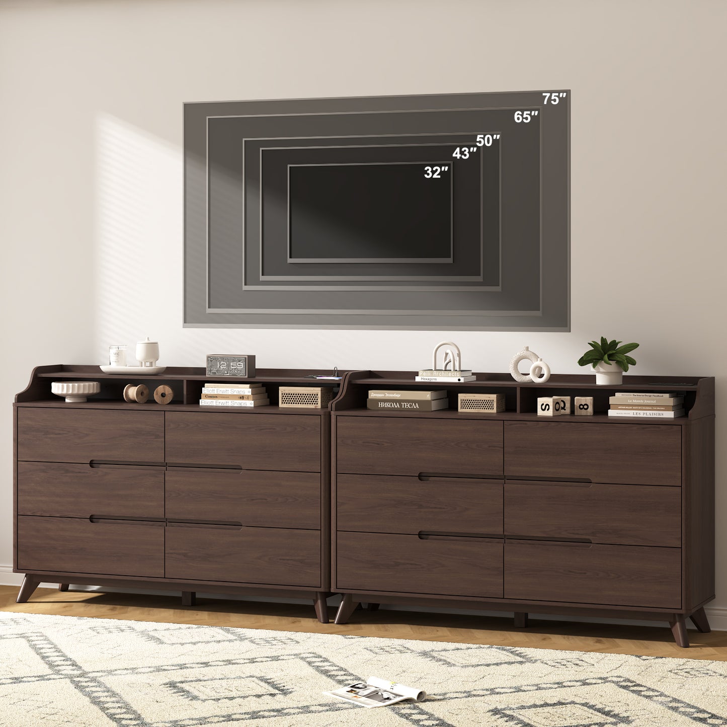 6 Drawers Large Dresser with Charging Station, Open Shelf Top for Bedroom, Living Room, Hallway