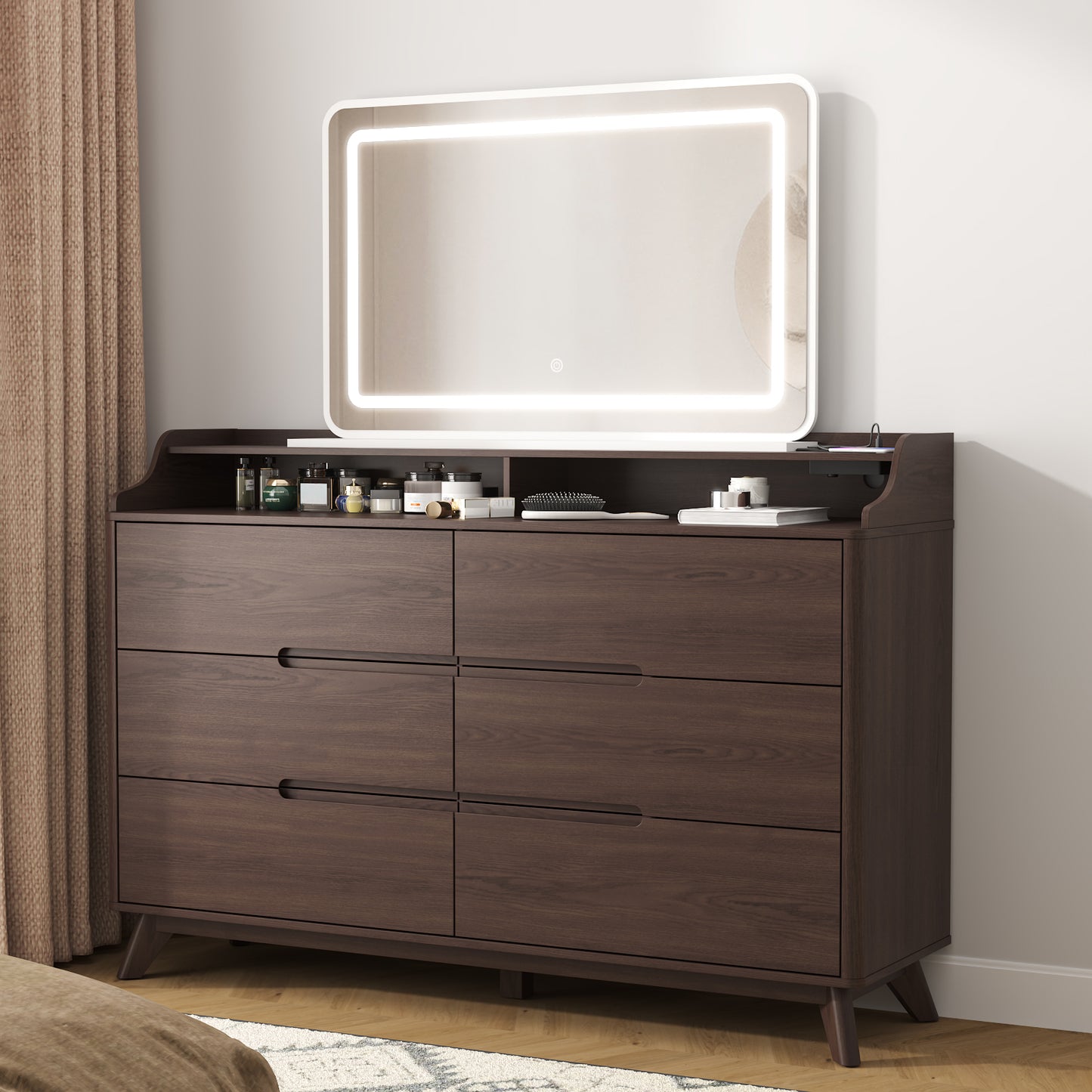 6 Drawers Large Dresser with Charging Station, Open Shelf Top for Bedroom, Living Room, Hallway