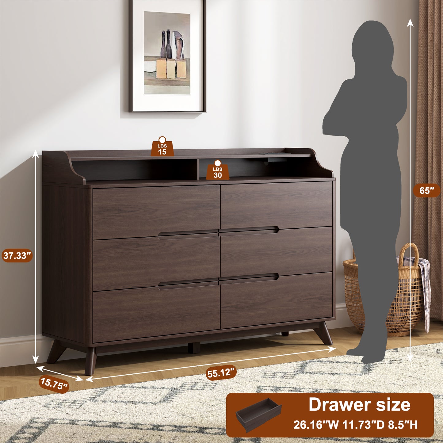 6 Drawers Large Dresser with Charging Station, Open Shelf Top for Bedroom, Living Room, Hallway