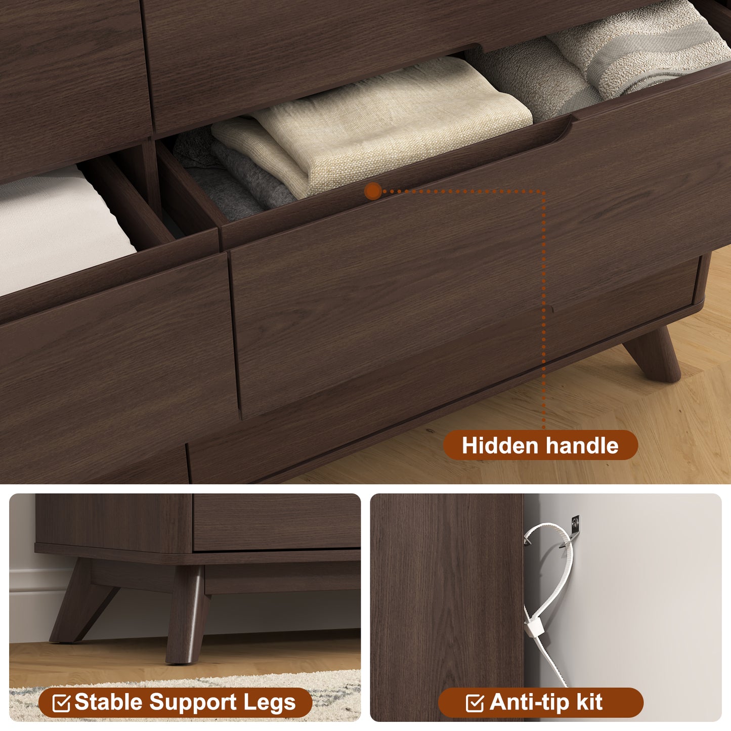 6 Drawers Large Dresser with Charging Station, Open Shelf Top for Bedroom, Living Room, Hallway