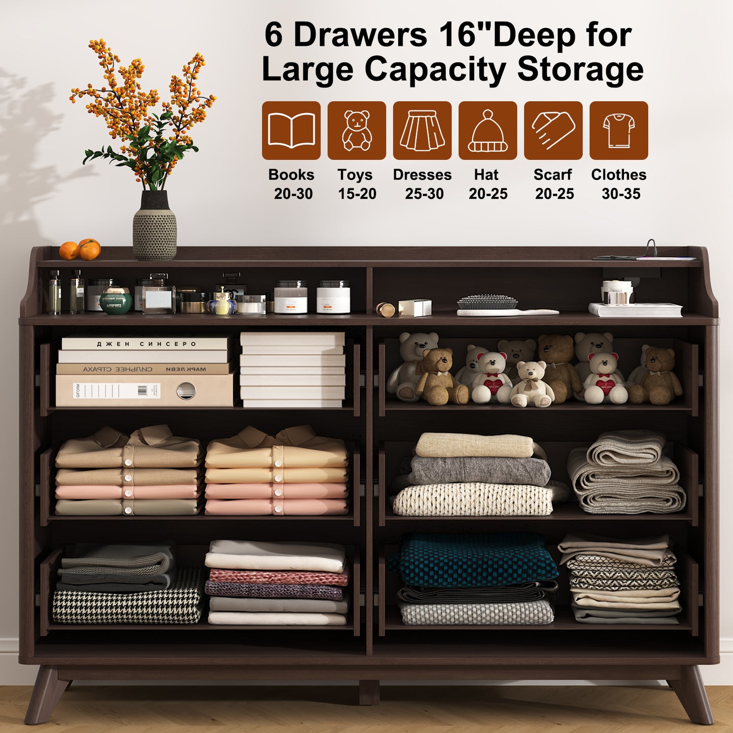 6 Drawers Large Dresser with Charging Station, Open Shelf Top for Bedroom, Living Room, Hallway