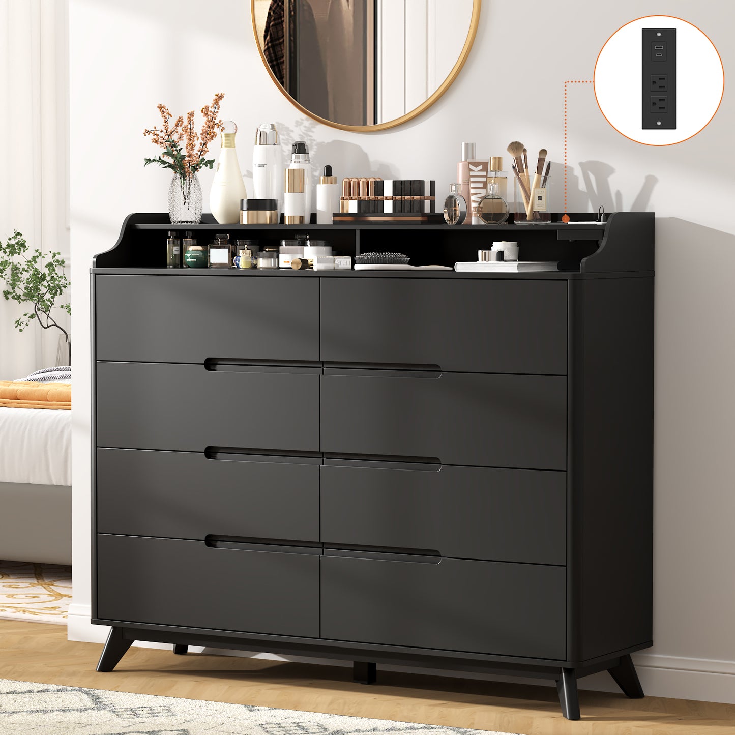 8 Drawers Large Dresser with Charging Station, Open Shelf Top for Bedroom, Living Room, Hallway