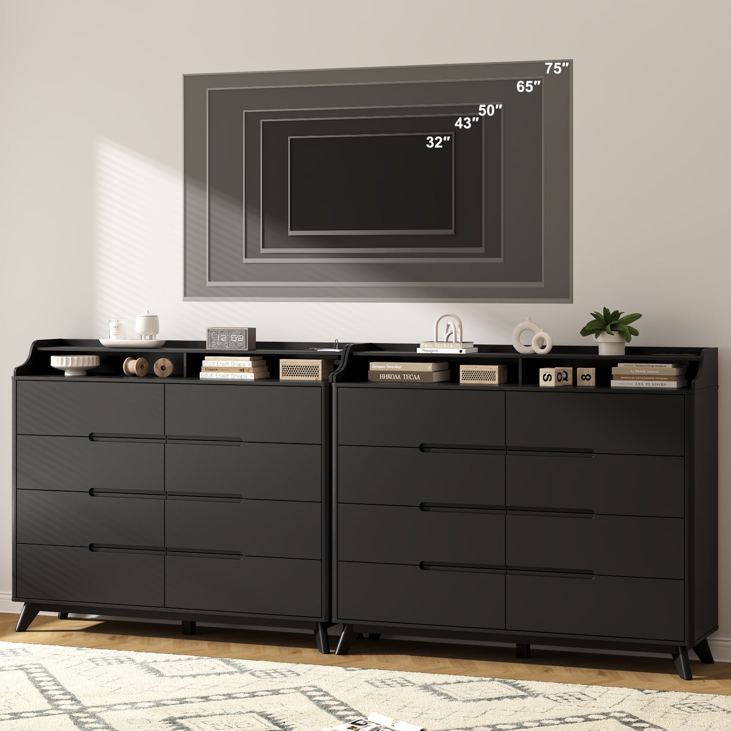 8 Drawers Large Dresser with Charging Station, Open Shelf Top for Bedroom, Living Room, Hallway