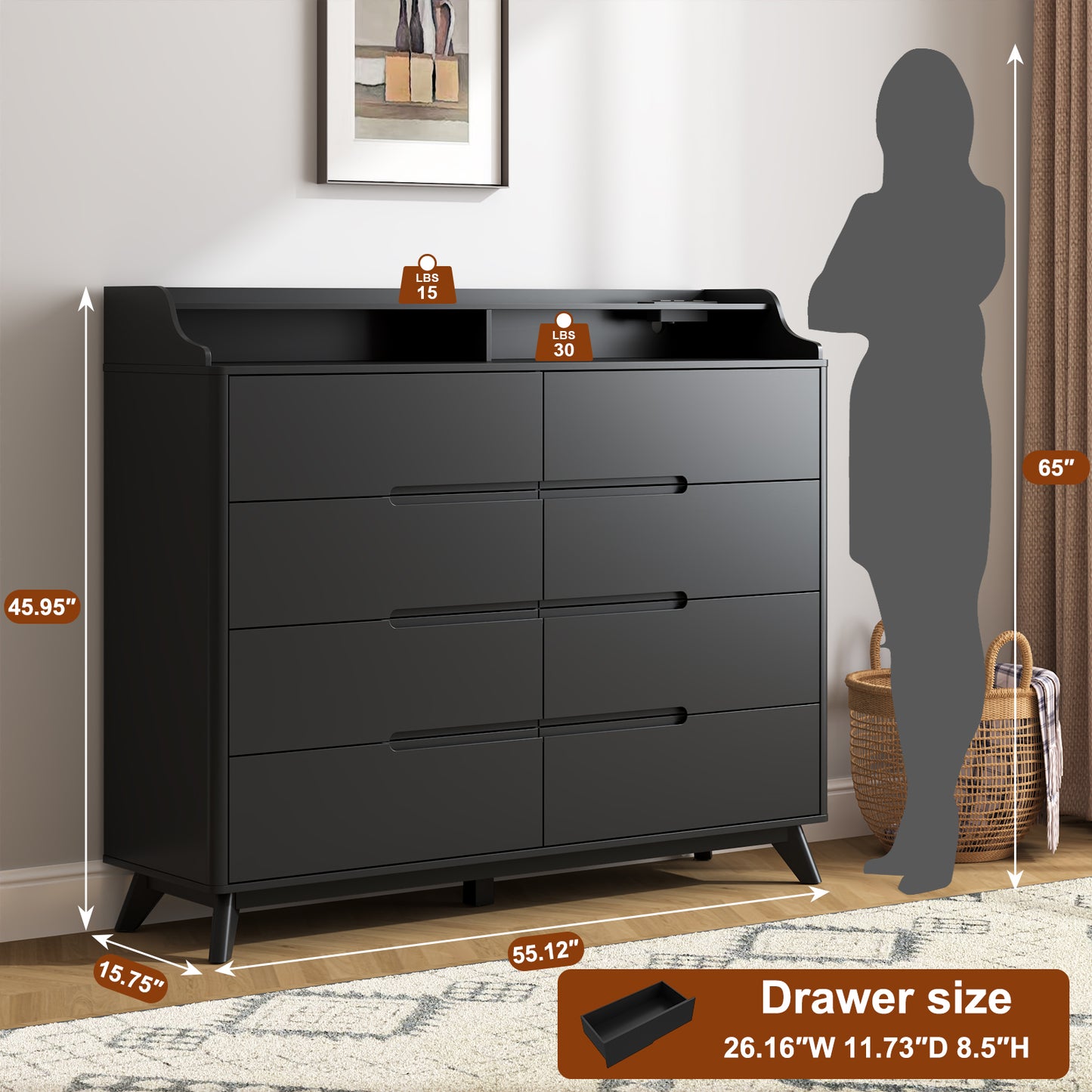 8 Drawers Large Dresser with Charging Station, Open Shelf Top for Bedroom, Living Room, Hallway