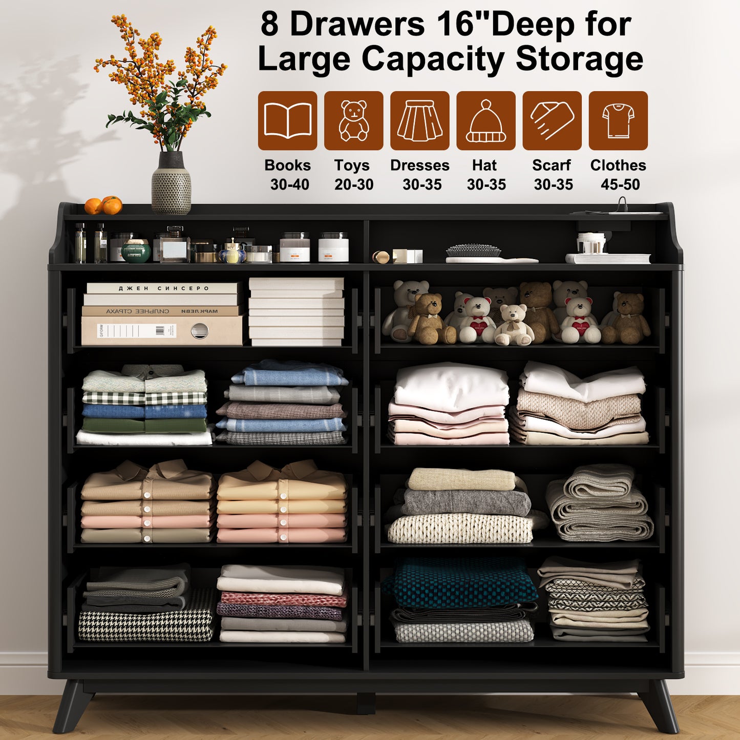 8 Drawers Large Dresser with Charging Station, Open Shelf Top for Bedroom, Living Room, Hallway