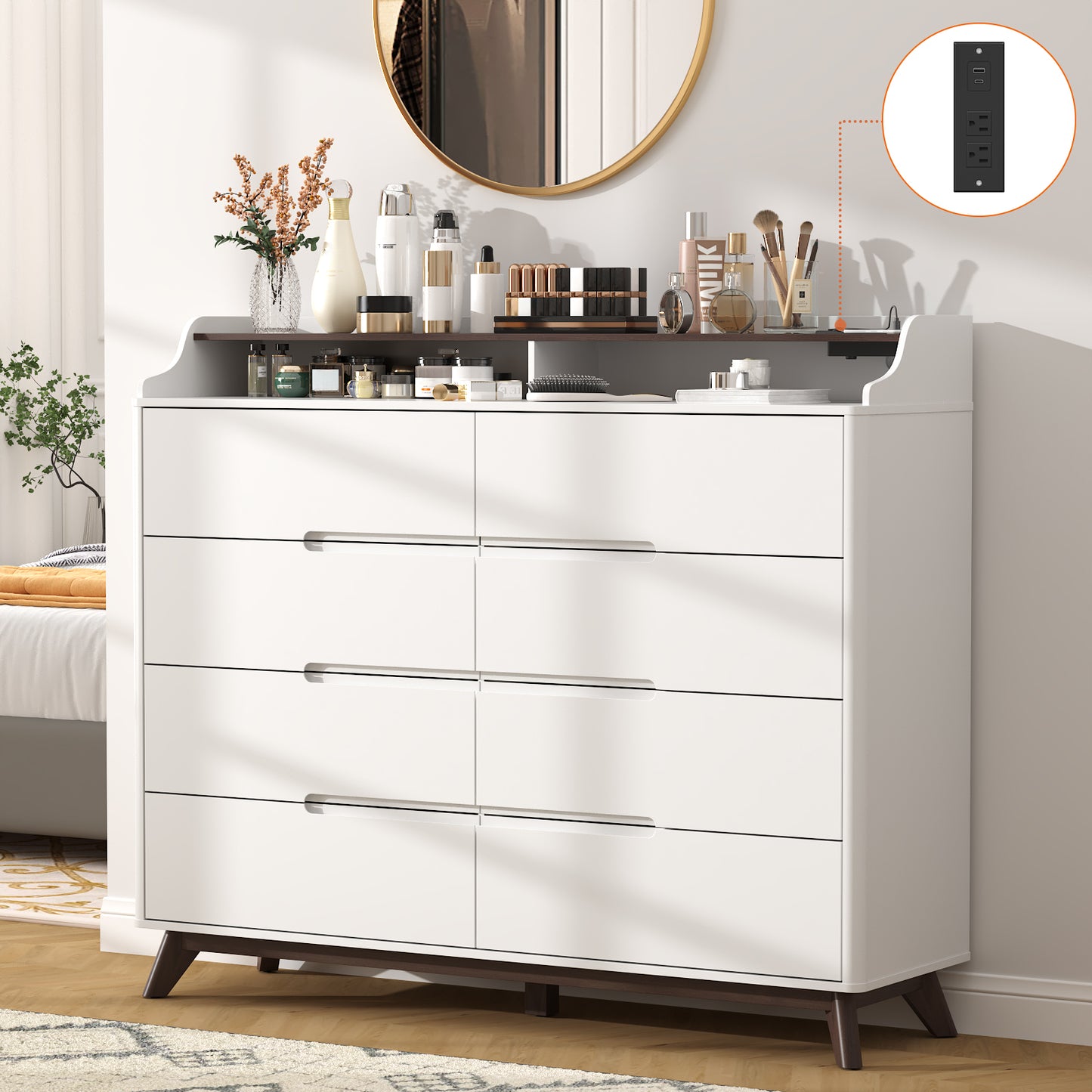 8 Drawers Large Dresser with Charging Station, Open Shelf Top for Bedroom, Living Room, Hallway