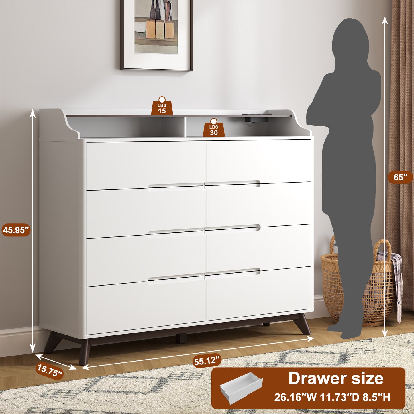 8 Drawers Large Dresser with Charging Station, Open Shelf Top for Bedroom, Living Room, Hallway