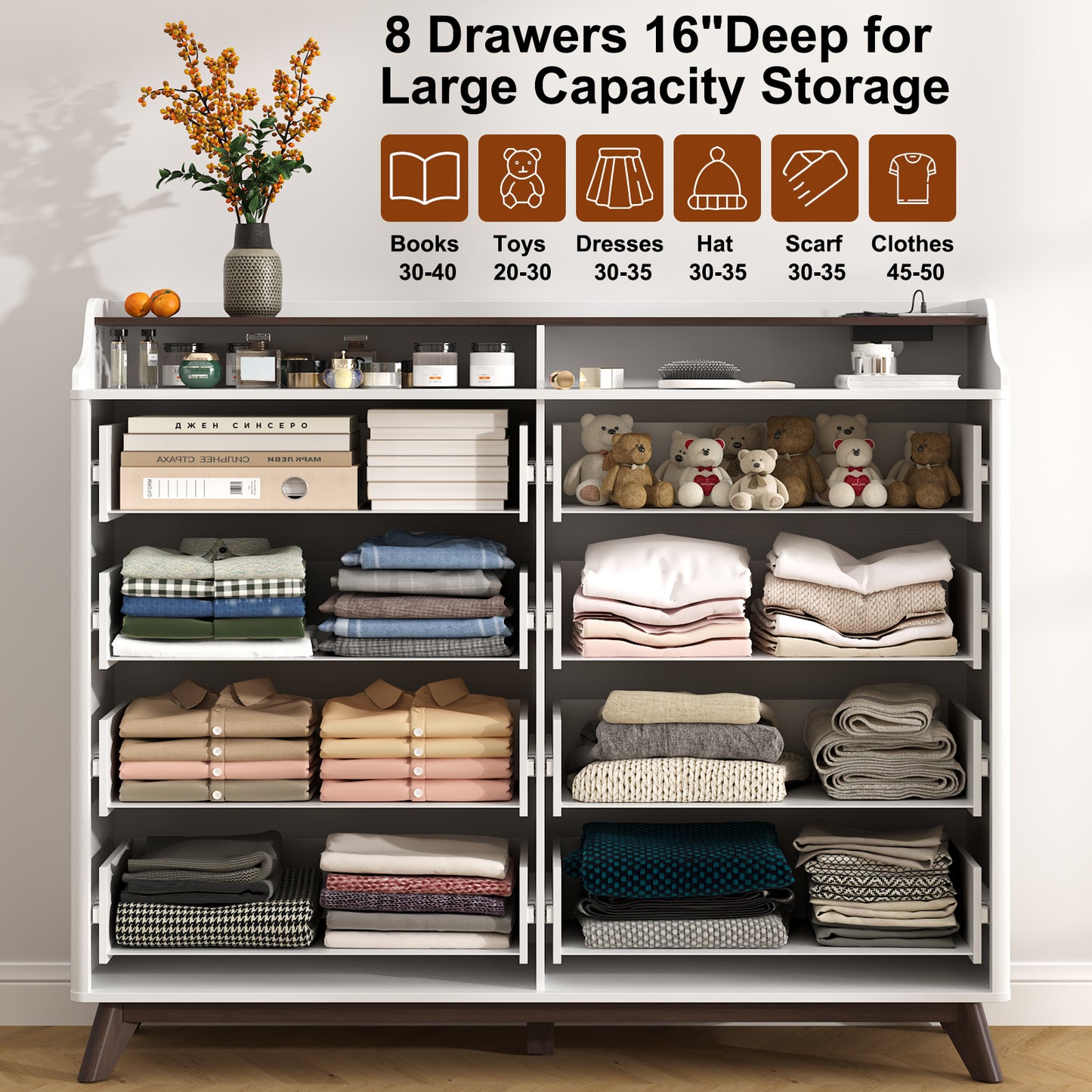 8 Drawers Large Dresser with Charging Station, Open Shelf Top for Bedroom, Living Room, Hallway