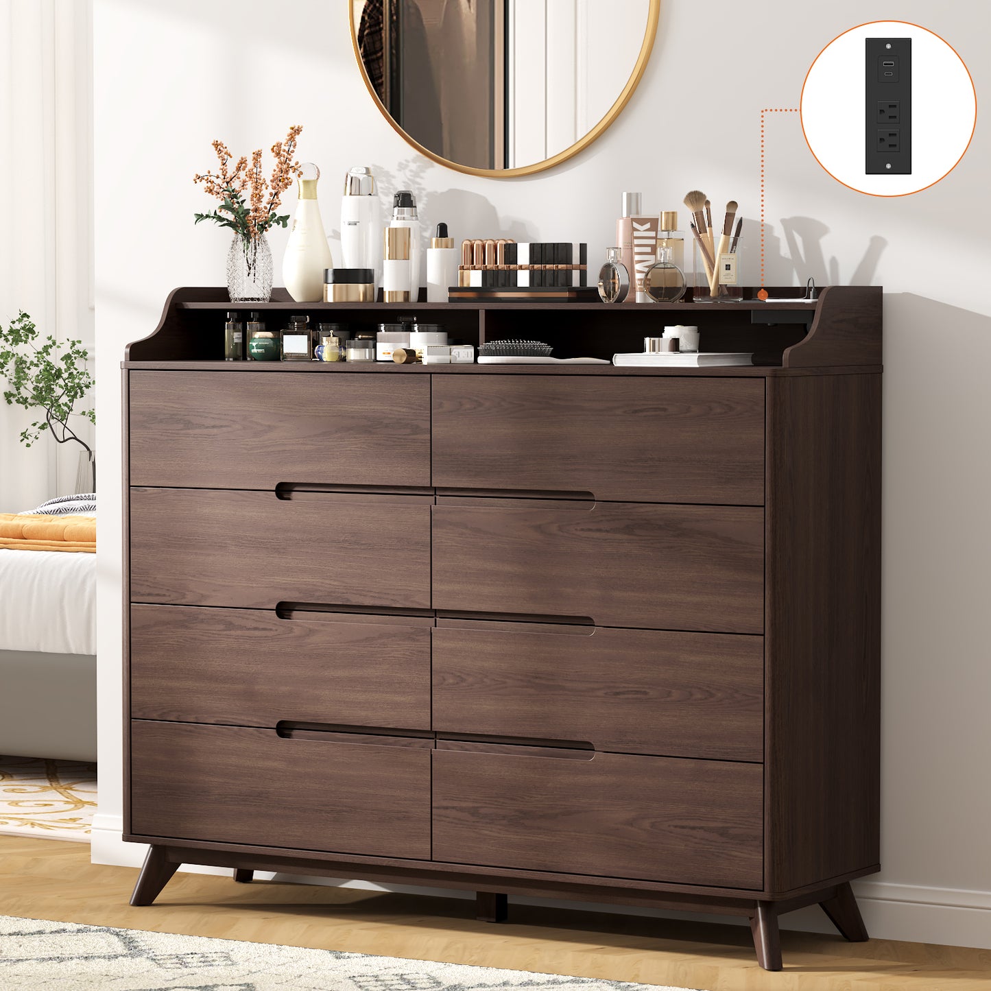 8 Drawers Large Dresser with Charging Station, Open Shelf Top for Bedroom, Living Room, Hallway