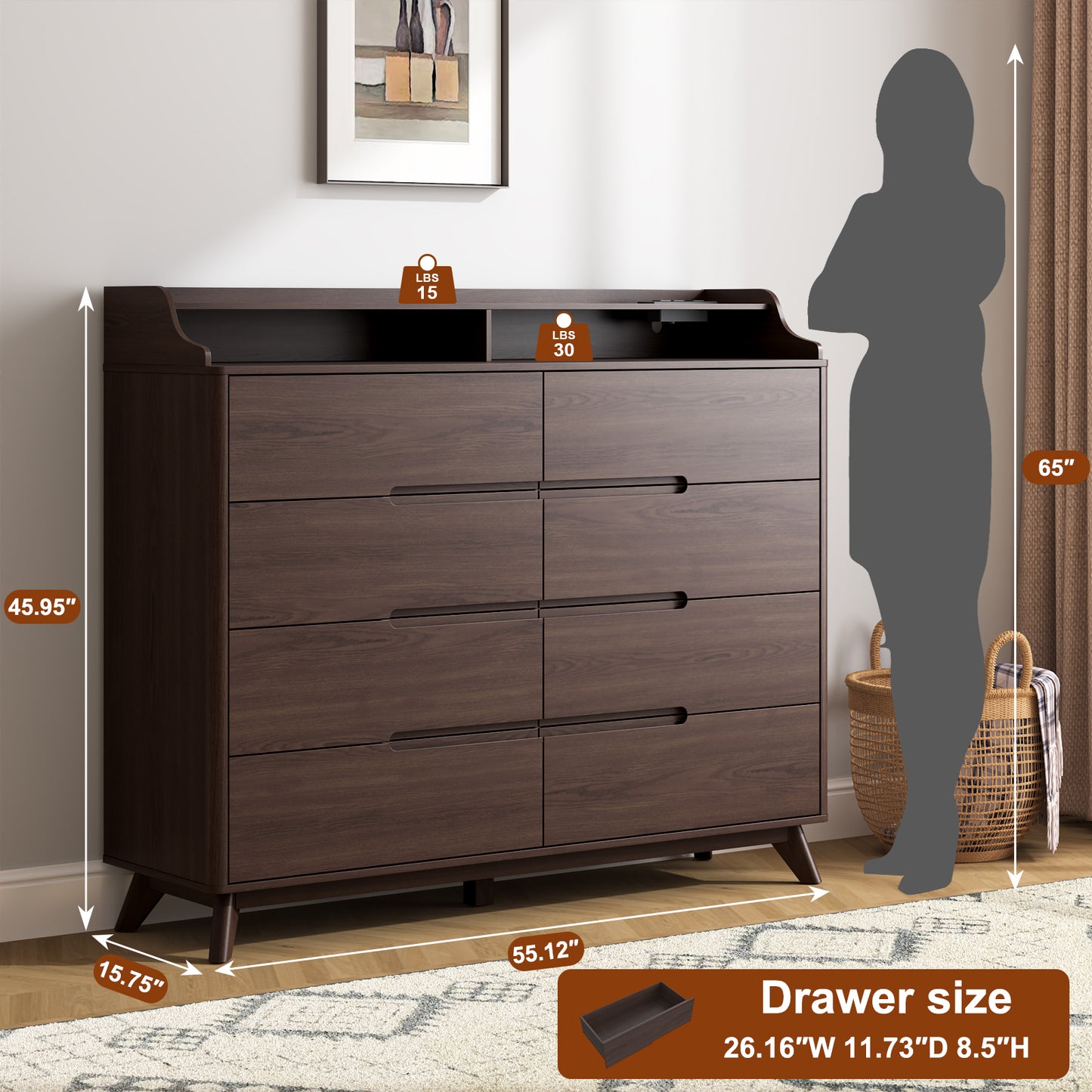 8 Drawers Large Dresser with Charging Station, Open Shelf Top for Bedroom, Living Room, Hallway