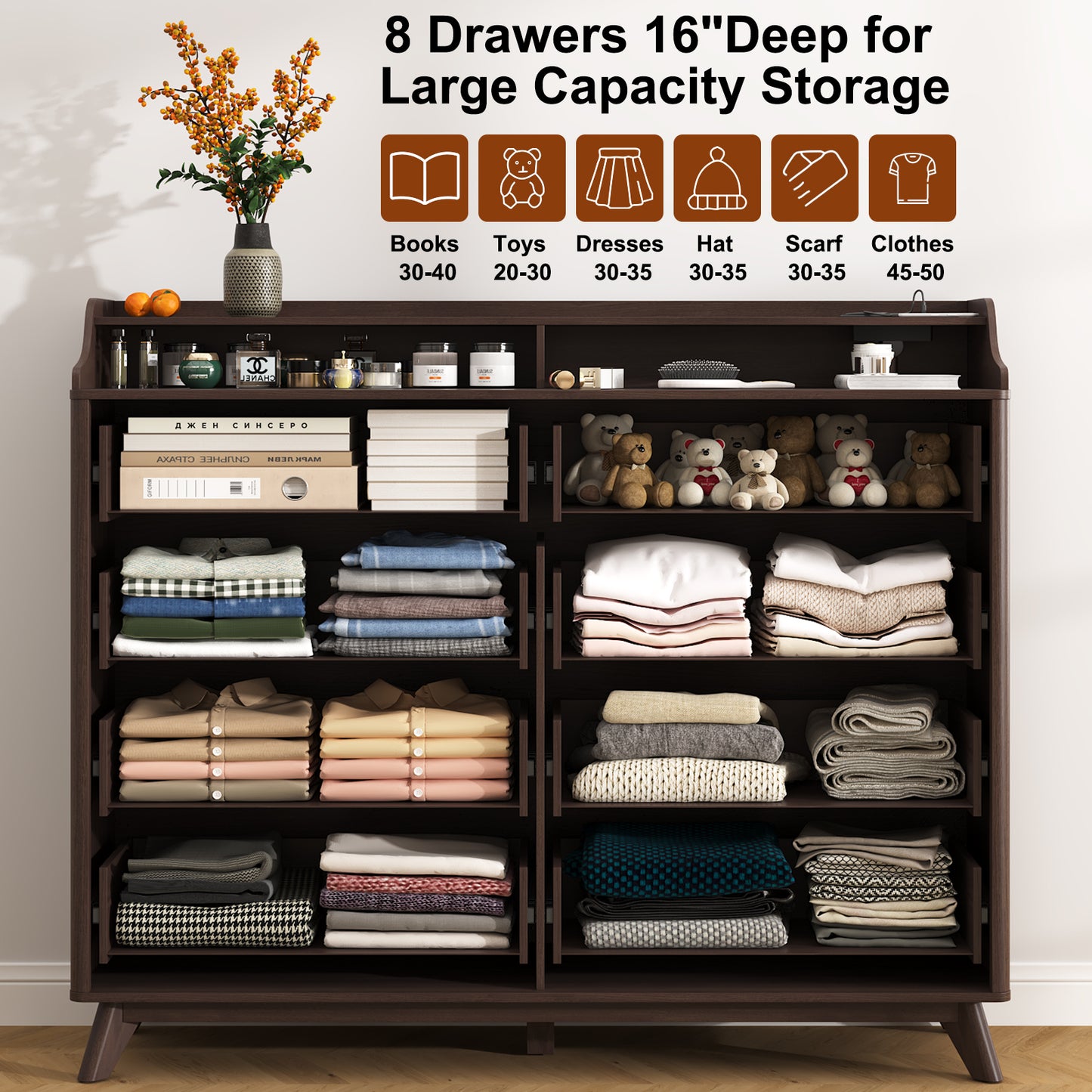 8 Drawers Large Dresser with Charging Station, Open Shelf Top for Bedroom, Living Room, Hallway