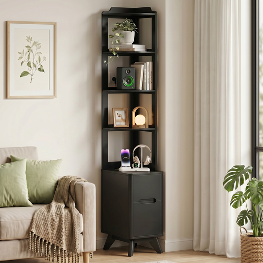 70" Tall Nightstand, 2 Drawers Bedside Table with Charger Station & Adjustable Bookshelf for Bedroom