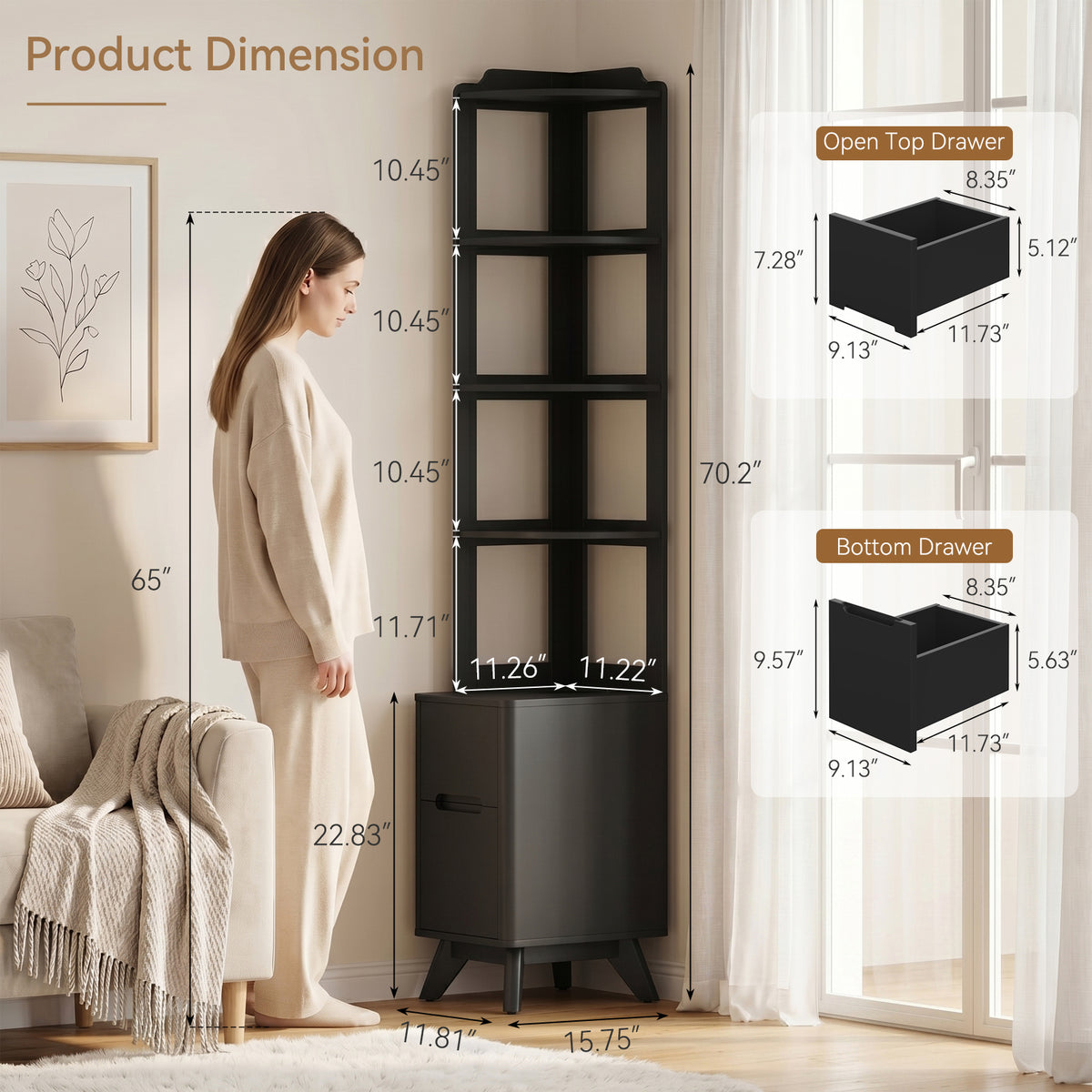 70" Tall Nightstand, 2 Drawers Bedside Table with Charger Station & Adjustable Bookshelf for Bedroom