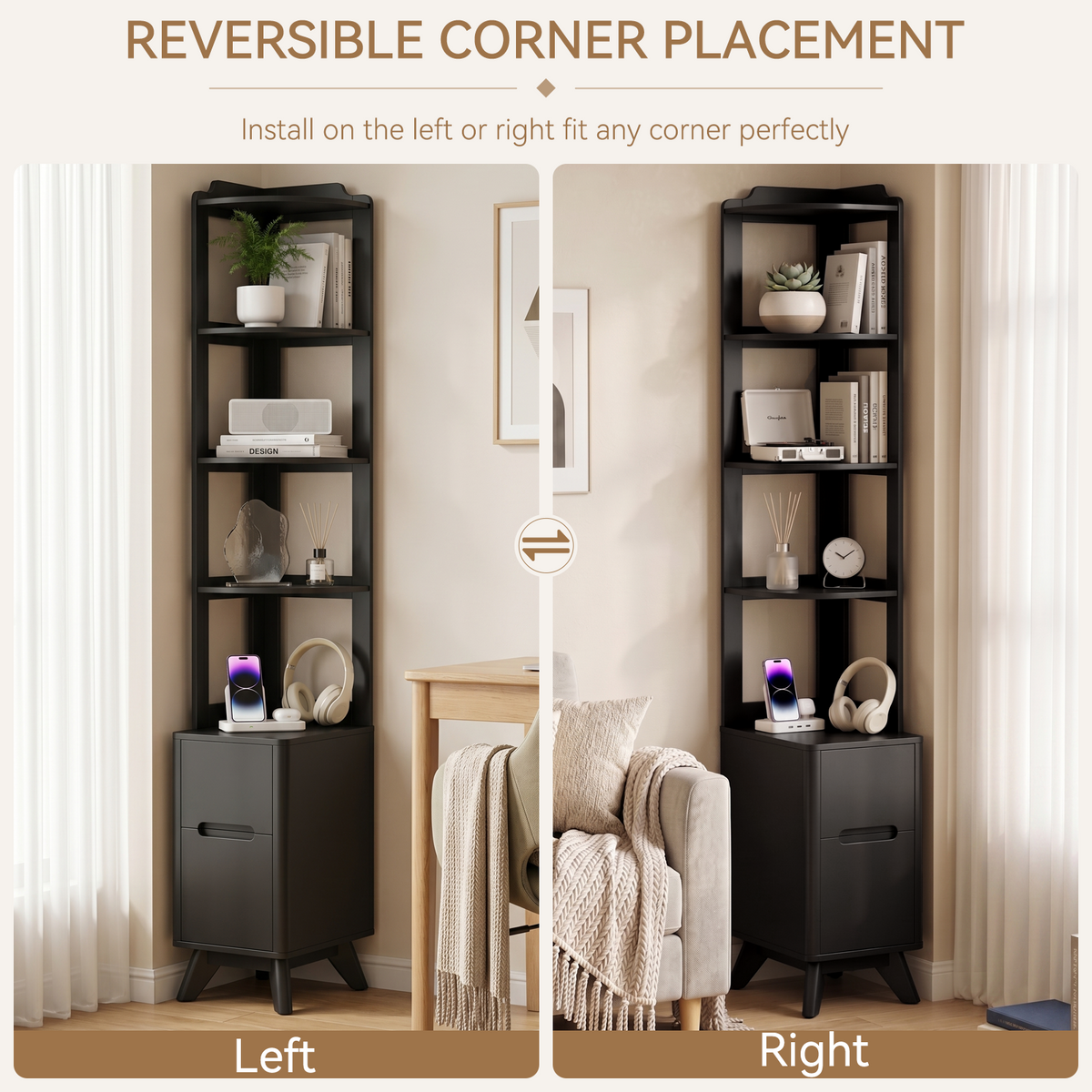 70" Tall Nightstand, 2 Drawers Bedside Table with Charger Station & Adjustable Bookshelf for Bedroom