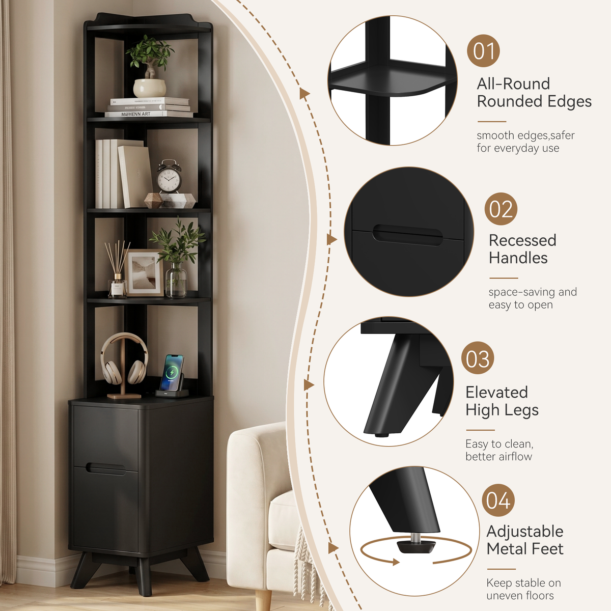 70" Tall Nightstand, 2 Drawers Bedside Table with Charger Station & Adjustable Bookshelf for Bedroom