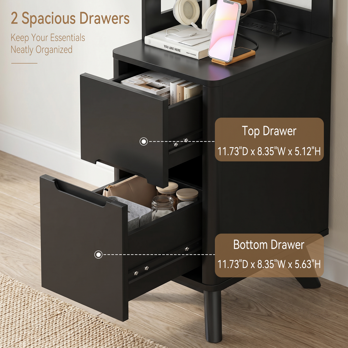 70" Tall Nightstand, 2 Drawers Bedside Table with Charger Station & Adjustable Bookshelf for Bedroom