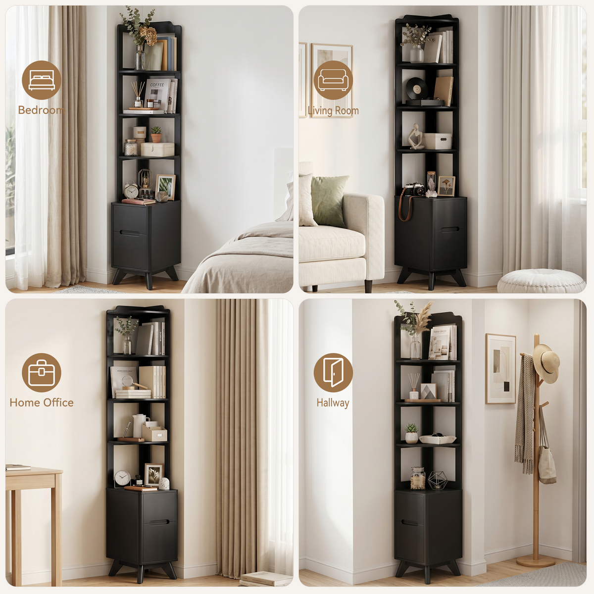70" Tall Nightstand, 2 Drawers Bedside Table with Charger Station & Adjustable Bookshelf for Bedroom