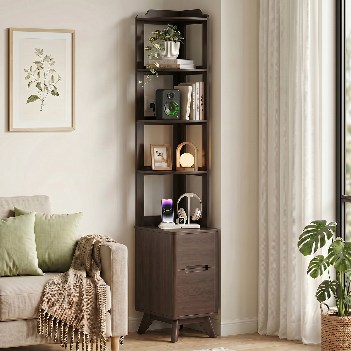 70" Tall Nightstand, 2 Drawers Bedside Table with Charger Station & Adjustable Bookshelf for Bedroom