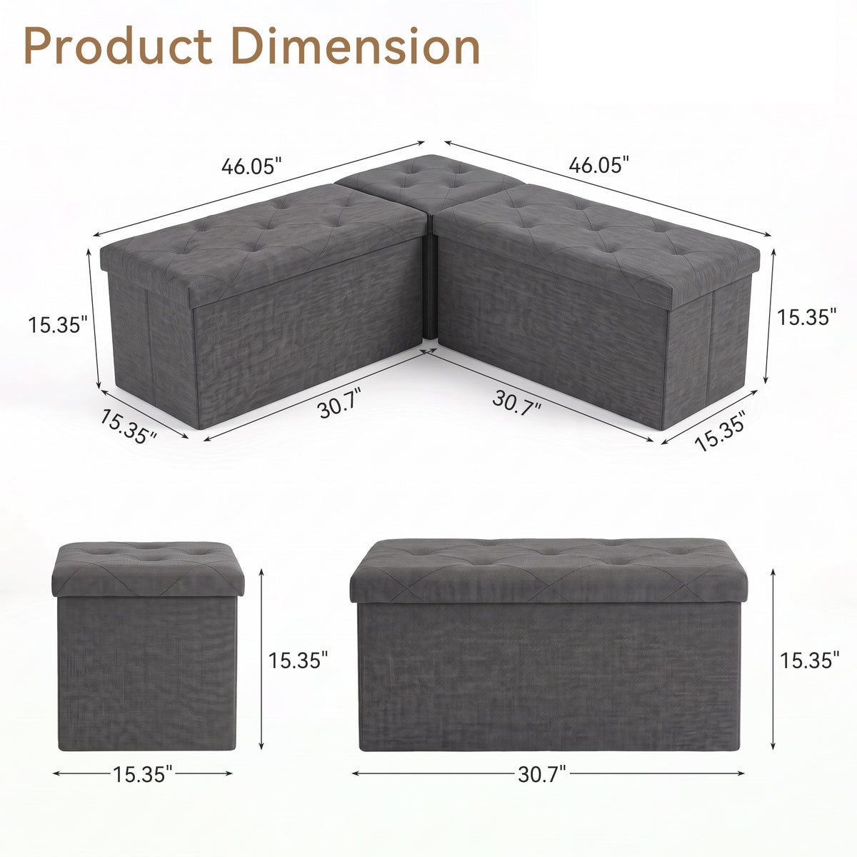 3 Piece L-Shape Storage Bench Set, Modern Modular Organizer Box