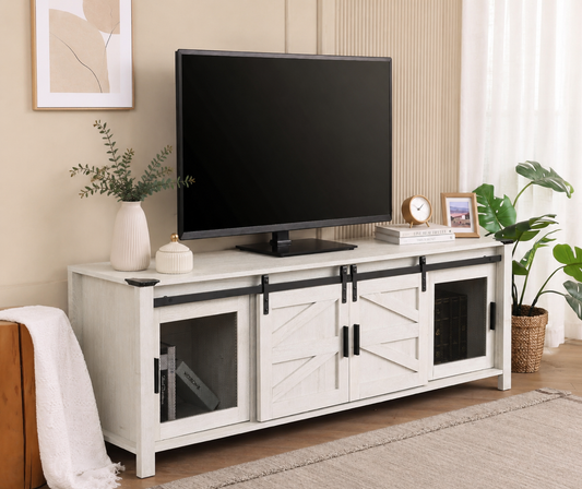 Farmhouse TV Stand with Sliding Barn Doors for TVs Up to 75", Media Console Table for Living Room