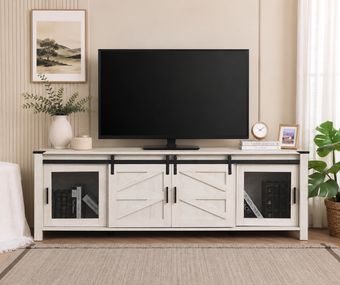 Farmhouse TV Stand with Sliding Barn Doors for TVs Up to 75", Media Console Table for Living Room