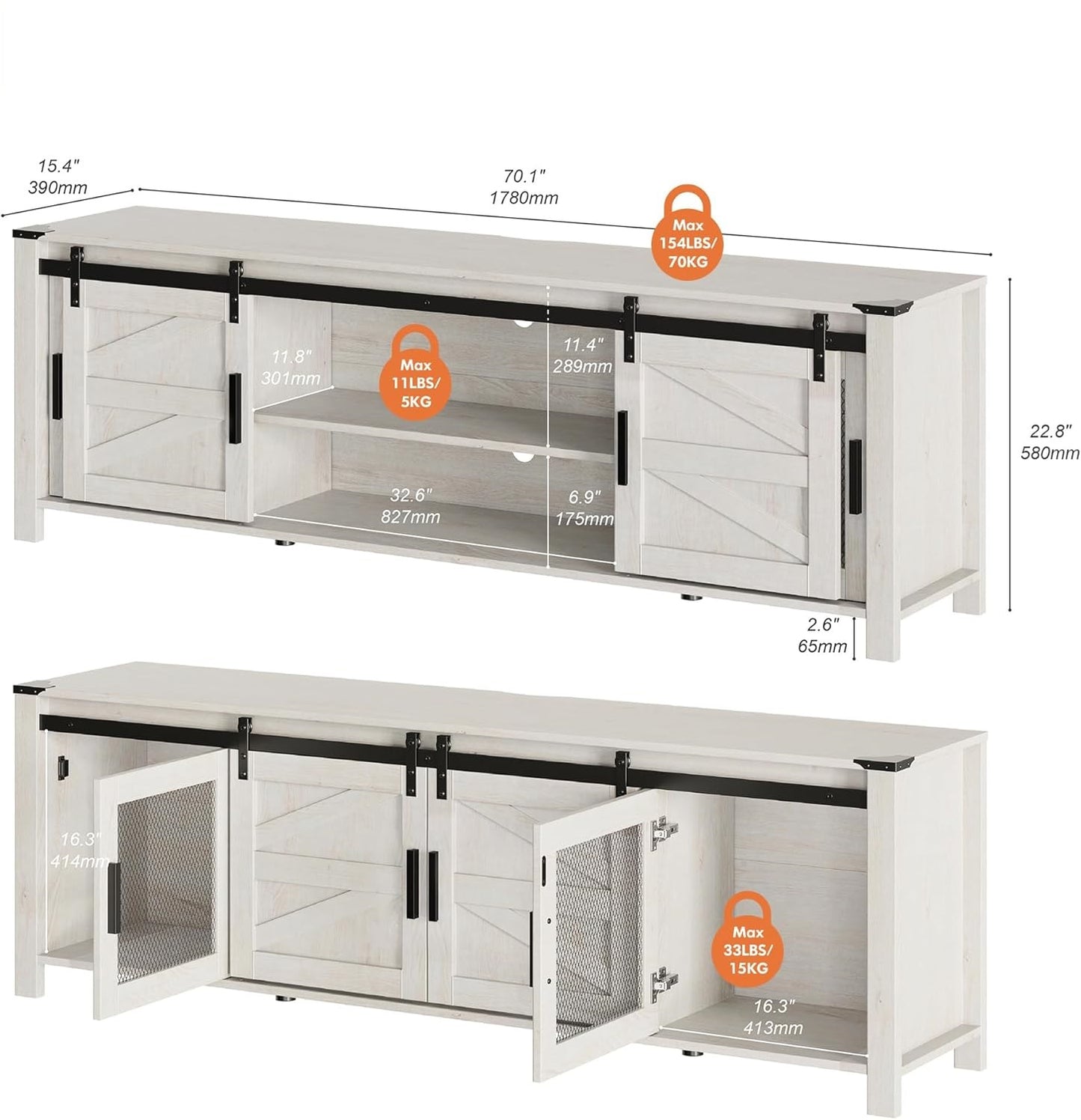 Farmhouse TV Stand with Sliding Barn Doors for TVs Up to 75", Media Console Table for Living Room
