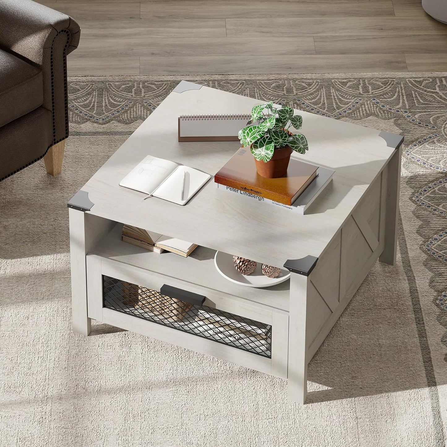 Industrial Coffee Table with 1 Drawer and 1 Shelf, Modern Living Room Table, Farmhouse Coffee table